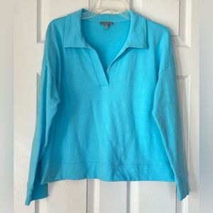 T by Talbots Cozy Crush Johnny Collar Pullover Aqua Splash  Large Modal Cotton
